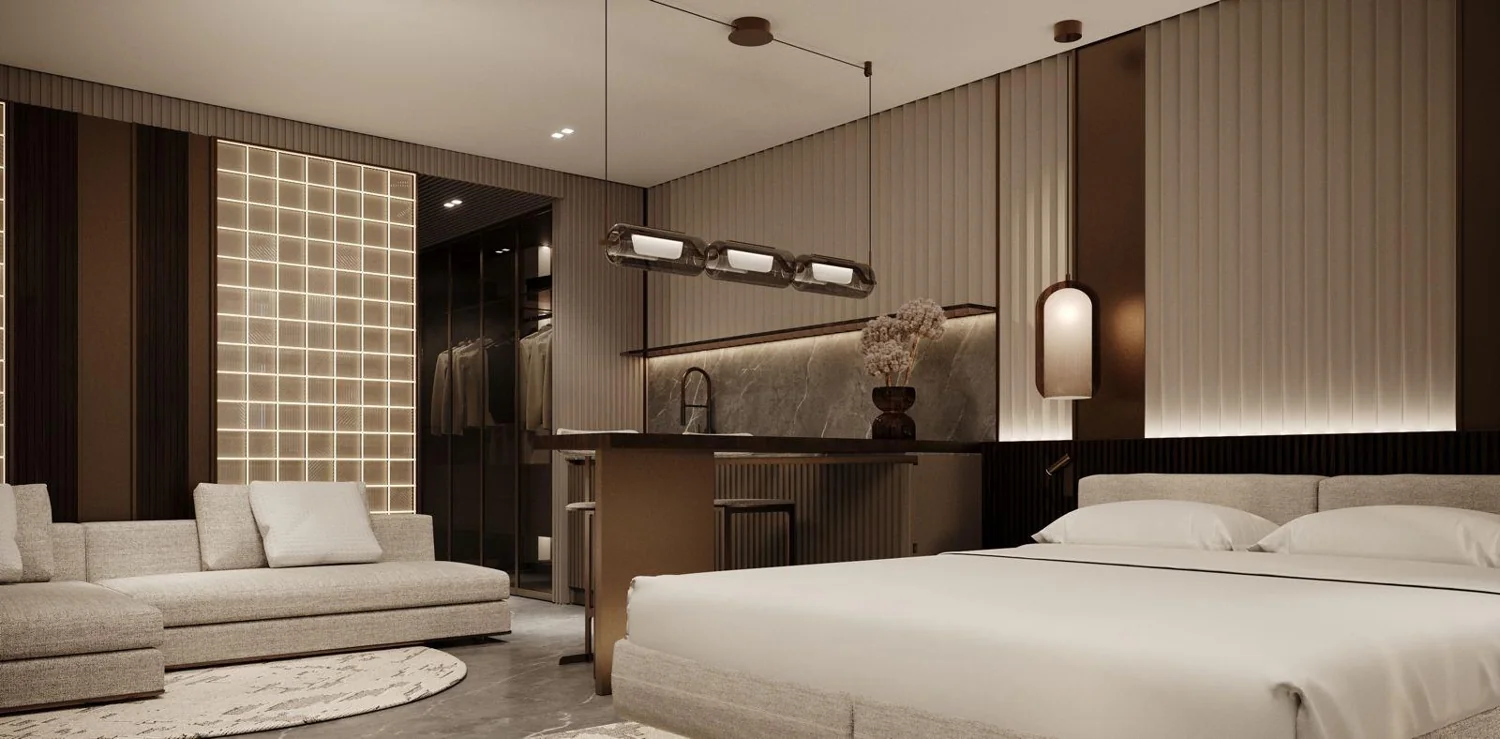 Apartman hotel szoba – kanapé, konyhasziget és ágy – látványterv