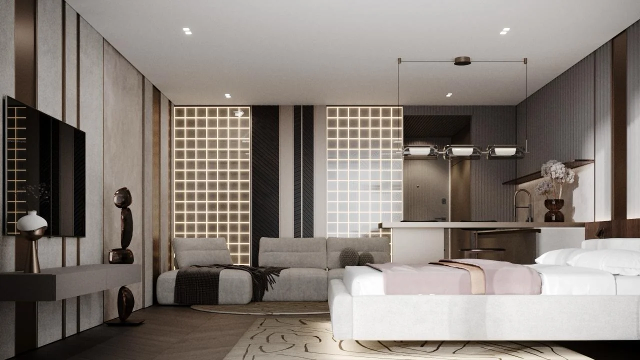 Apartman hotel szoba – nappali rész világított üvegtégla-fallal – látványterv