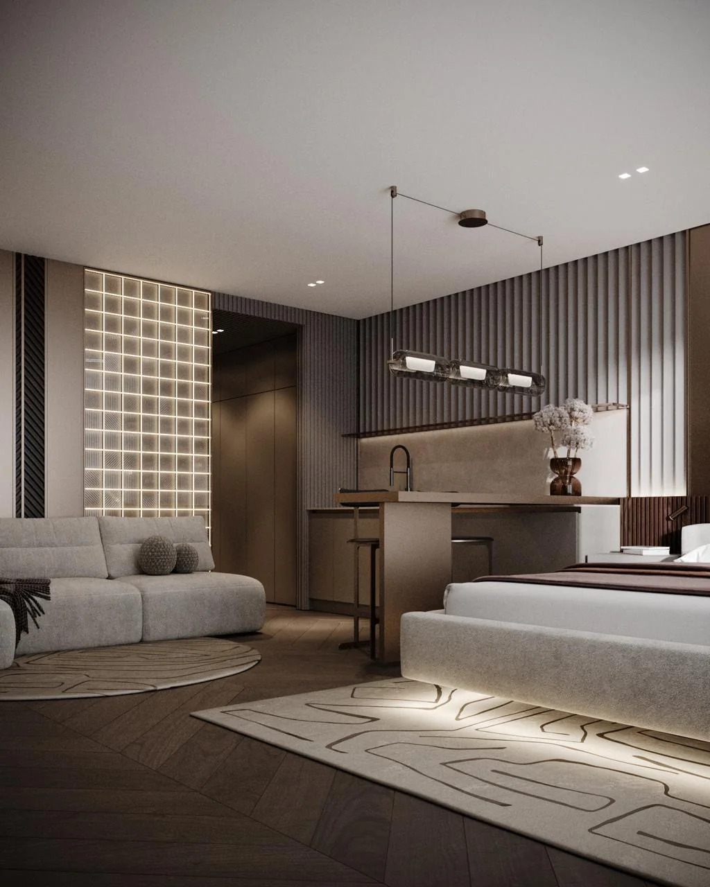 Apartman hotel szoba – nappali és konyha – látványterv