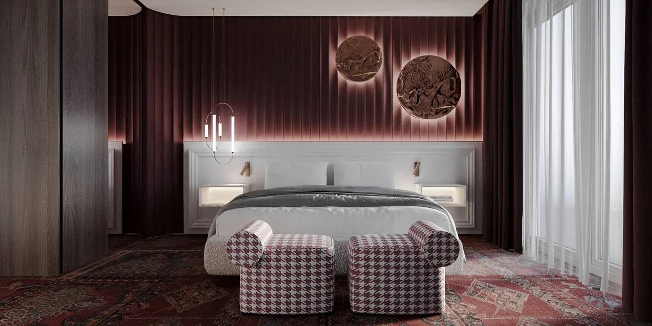 Bordó hálószoba Curved Mahogany falpanellel – látványterv