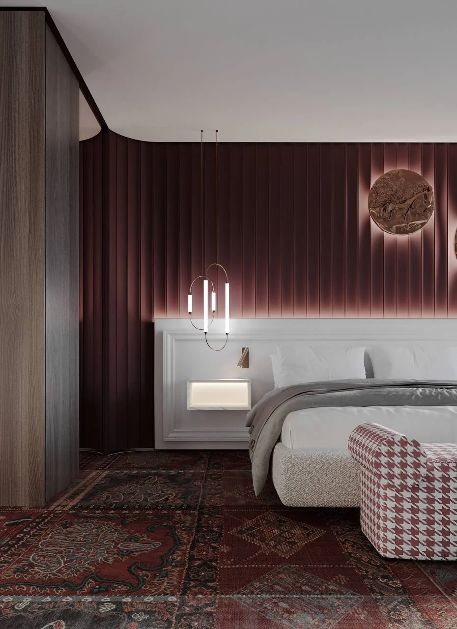 Curved Mahogany ívelt falpanel részlete – látványterv